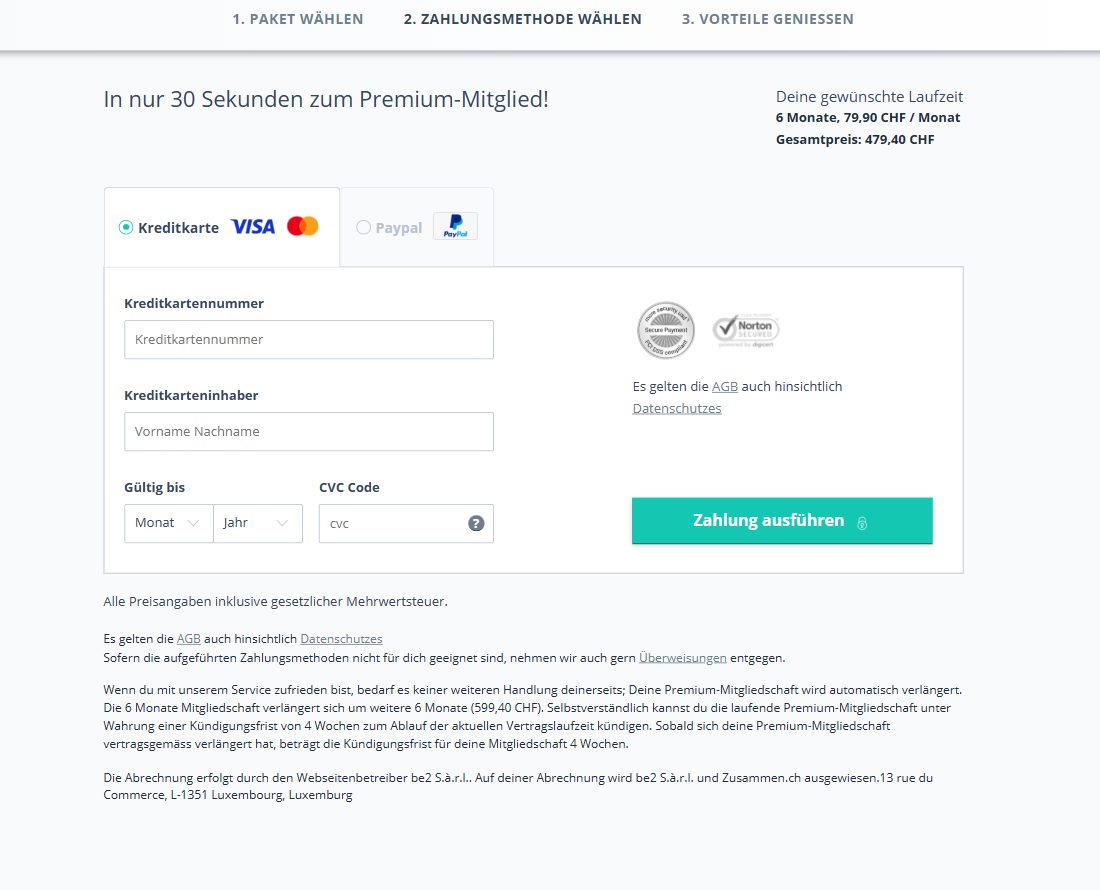 Bestellseite von Zusammen.ch mit Kündigungsfrist von 4 Wochen