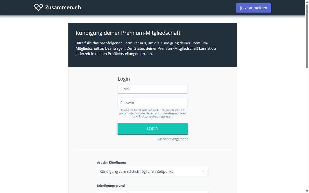 Kündigungsformular von Zusammen.ch